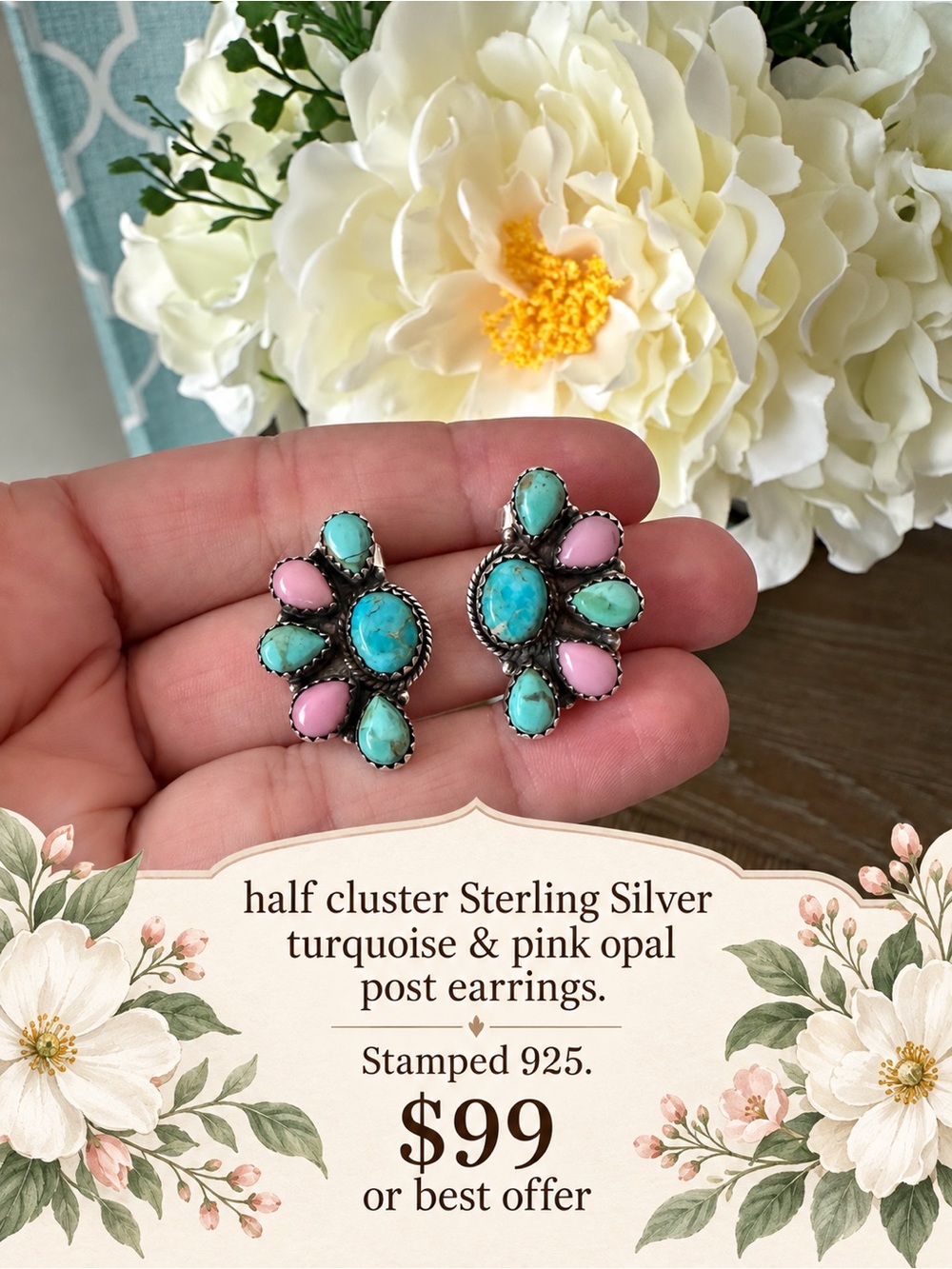 Sterling Silver Turquoise & Pink Opal Cluster Post Earrings